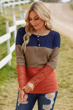 Load image into Gallery viewer, Color Block Spliced Lace Sleeve Ribbed Top
